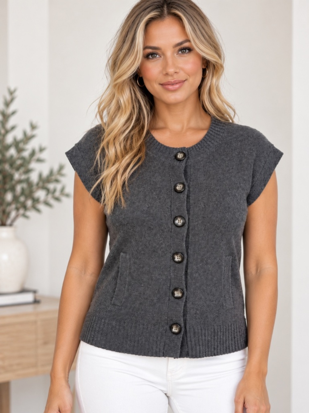 Michael Stars Extra Fine Wool & Cashmere Blend Cap Sleeve Button-Front Cardigan